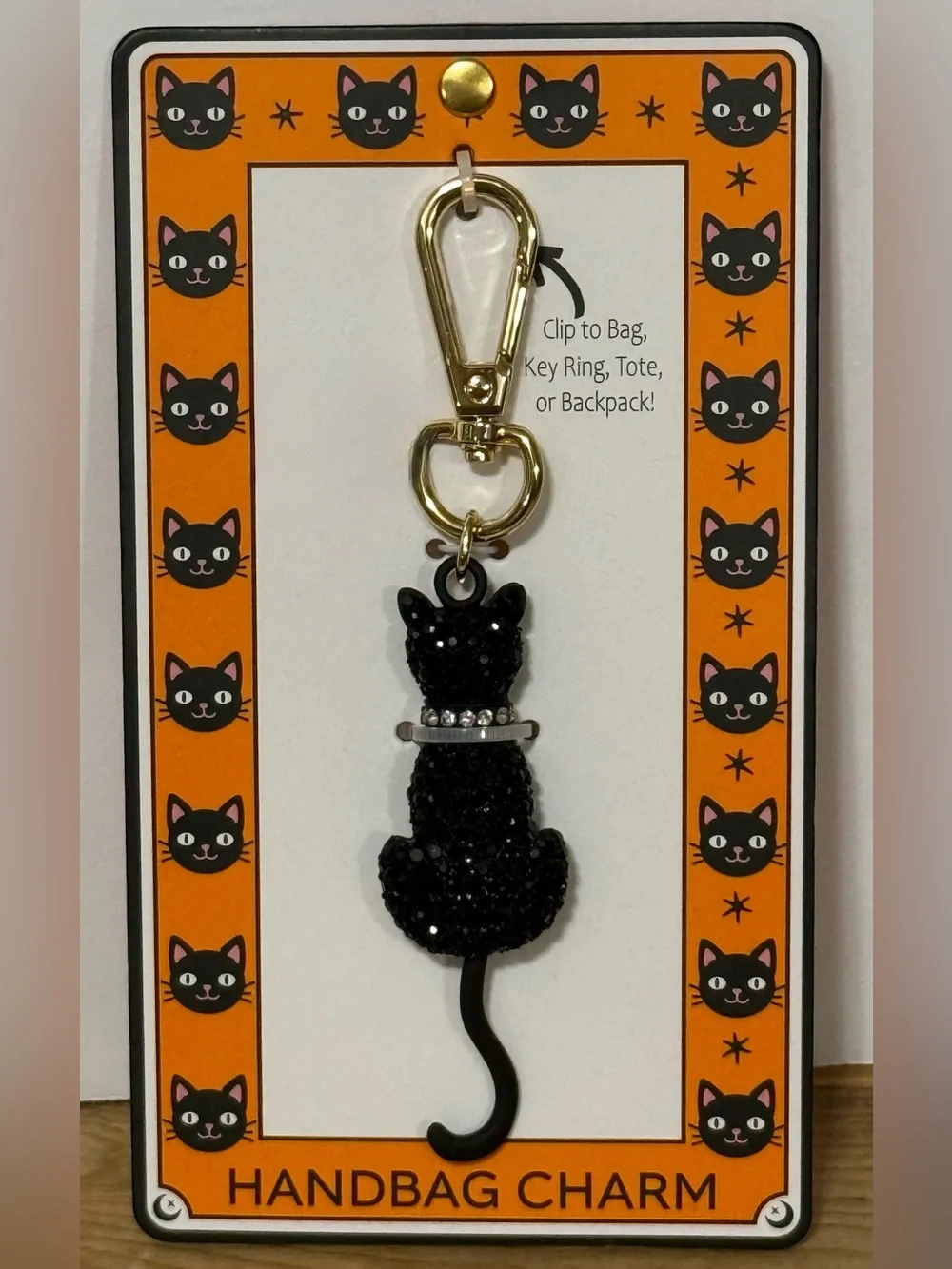 Black Cat Crystal Handbag Charm Key & Card Holder with Gold Clip